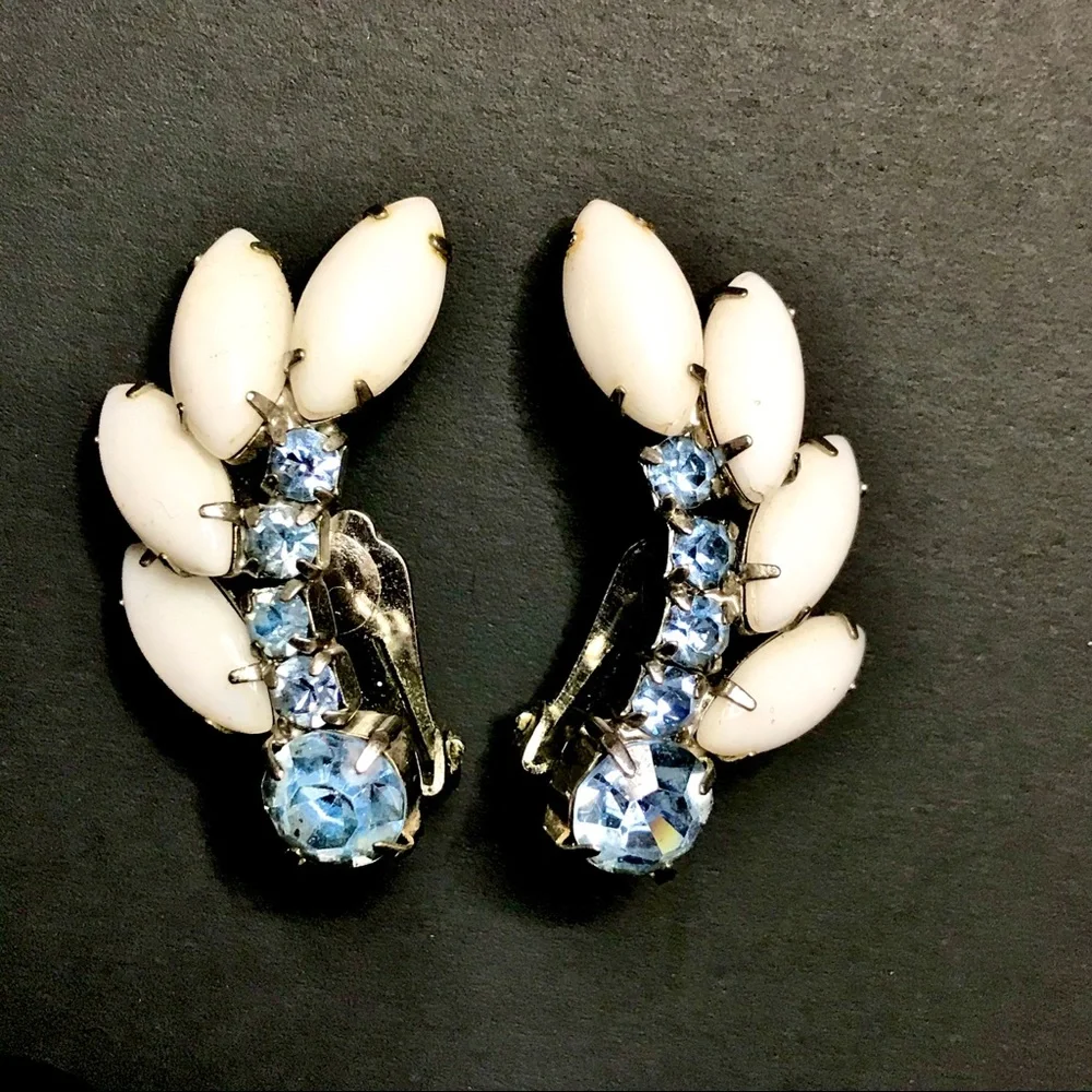 Vintage Earrings Milk Glass Rhinestone Ear Climber